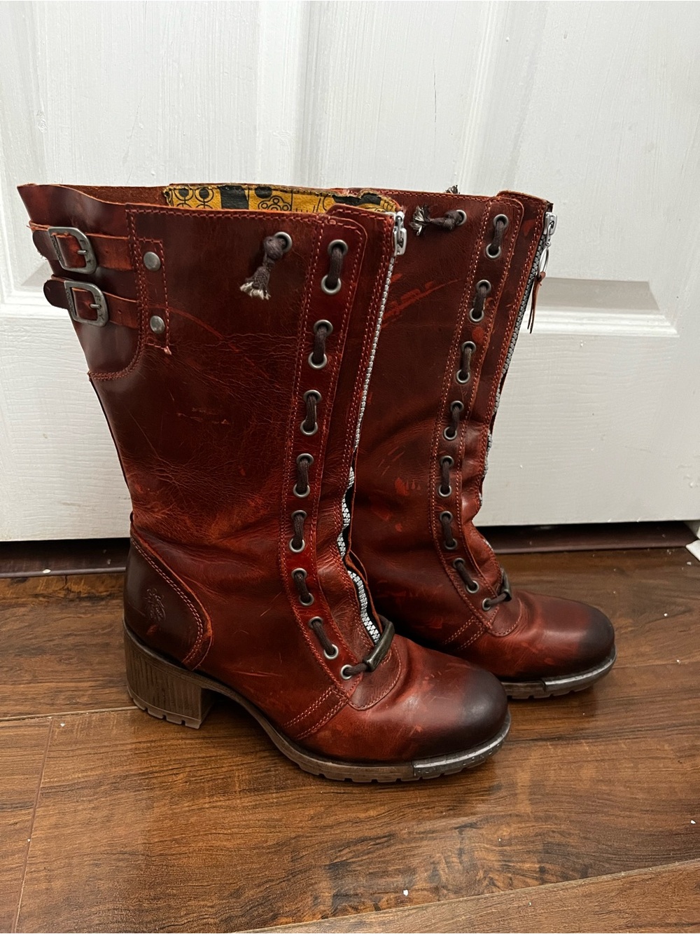 Fly London Women's Lace-Up Mid-Calf Boots in Distressed Red-Brown Leather